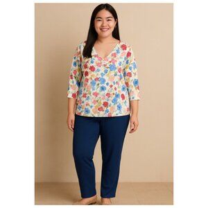 77. Womens Plus Size 1X Smart Casual OUTFIT Floral top and bottom SET White Navy